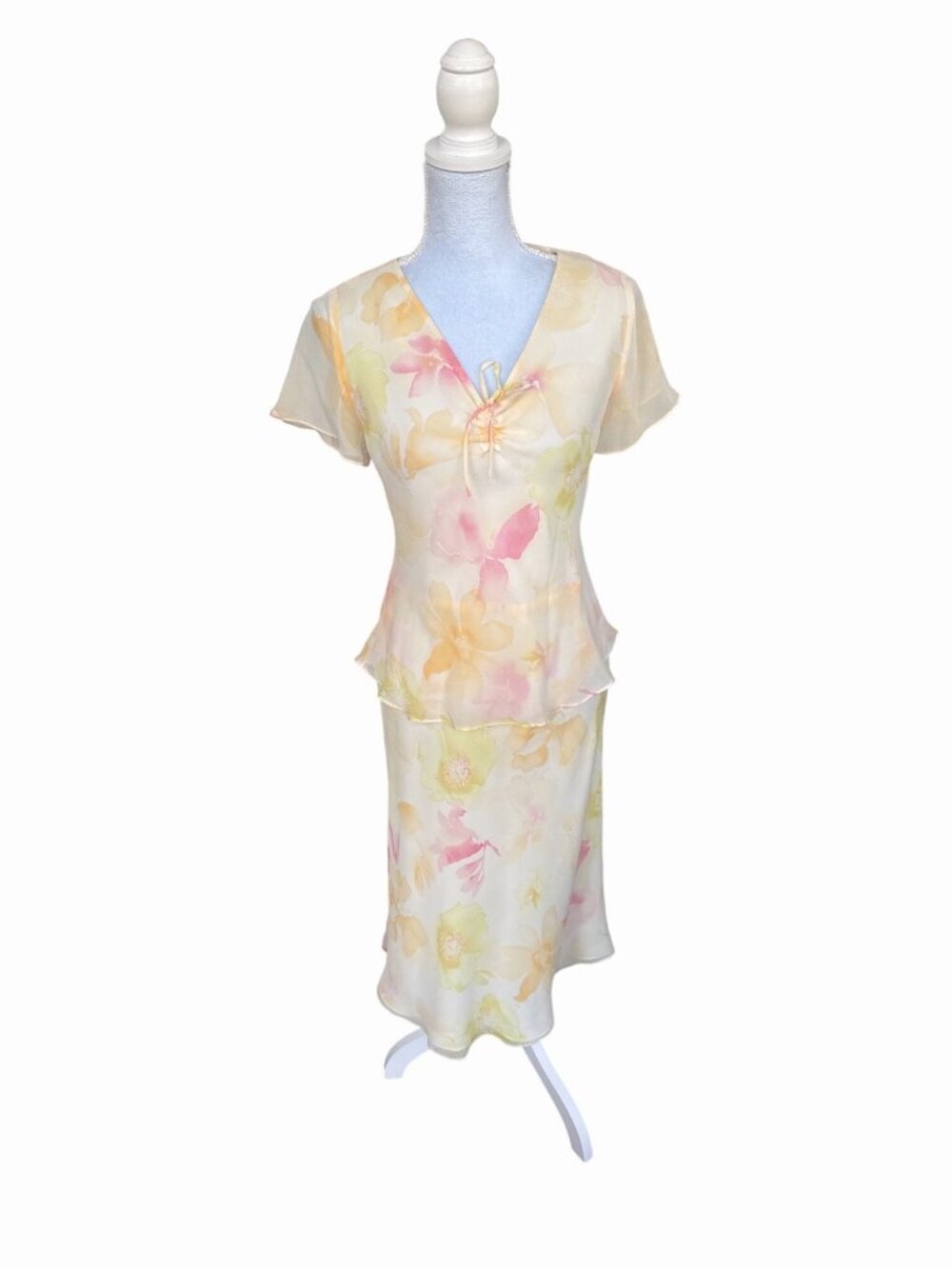 Spenser Jeremy Y2K Floral Silk One-Piece Dress Pastel Sheer Feminine V-Neck Ruff